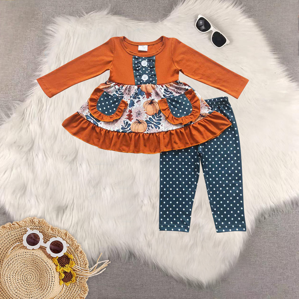 Sibling Baby Girls Fall Long Sleeves Pumpkins Pocket Tunic Bell Bottom Pants Clothes Sets