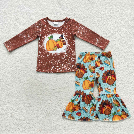 Sibling Baby Girls Thanksgiving Turkey Shirts Bell Pants Pajamas Clothing Sets