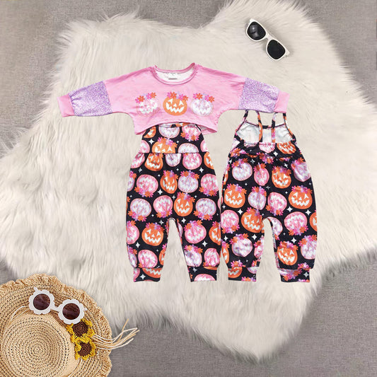Sibling Baby Girls Halloween Dogs Ghost Pumpkins Top Jumpsuits 2pcs Clothes Sets
