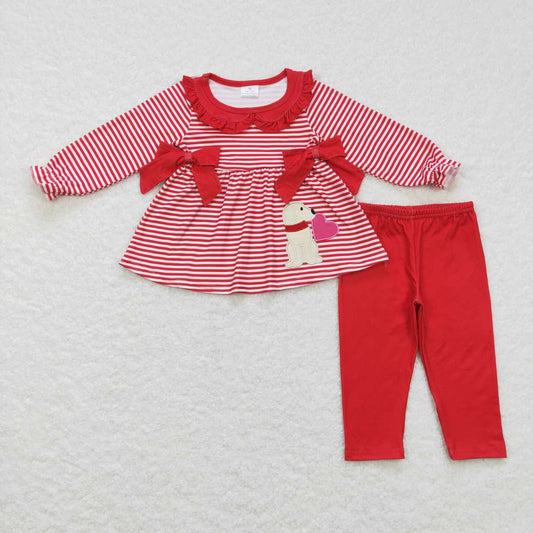 Sibling Baby Girls Red Stripes Bows Embroidery Dog Hearts Valentine Clothes Sets Dress Romper