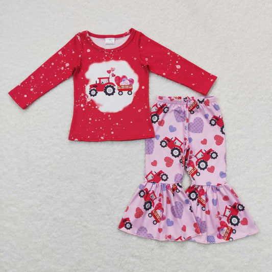 Sibling Baby Kids Hearts Trucks Top Bell Bottom Pants Valentine Pajamas Clothes Sets Dress Rompers