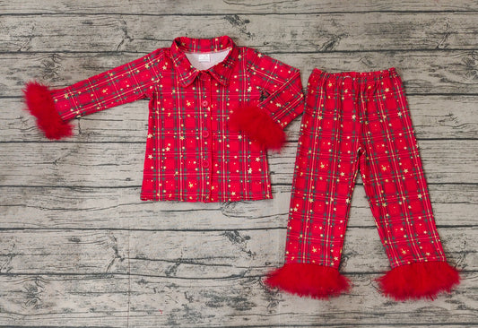 Baby Girls Christmas Green Red Plaid Button Ups Shirt Pants Pajamas Clothes Sets