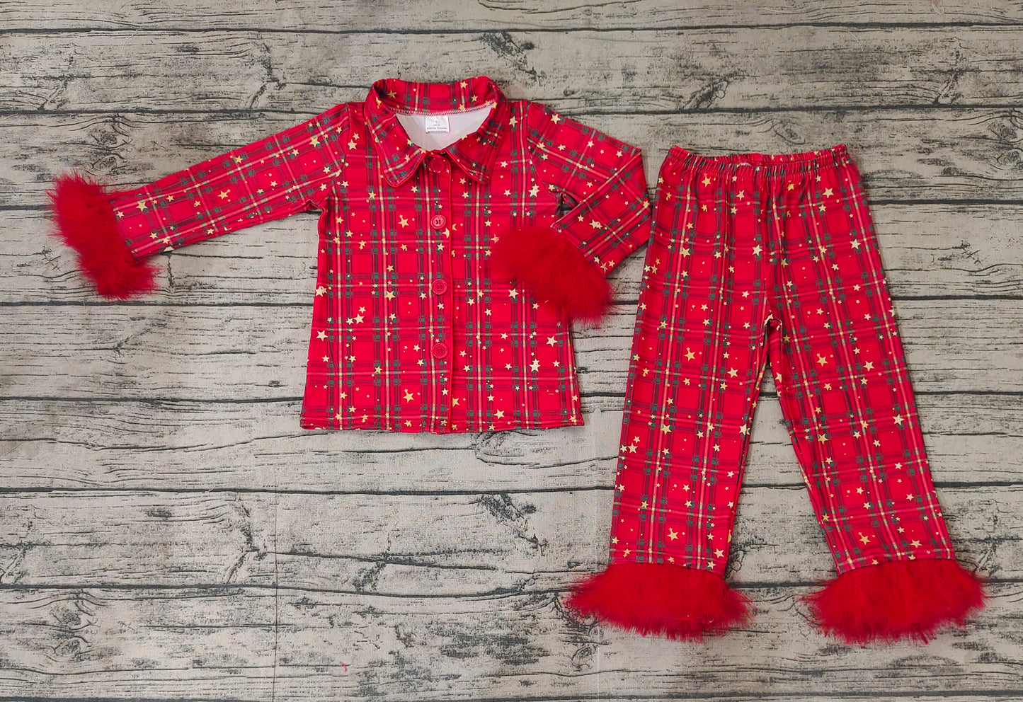 Baby Girls Christmas Green Red Plaid Button Ups Shirt Pants Pajamas Clothes Sets