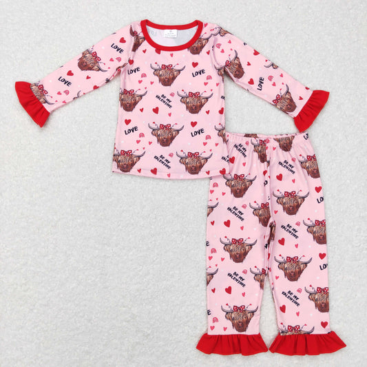 Sibling Baby Girls Hearts Highland Cows Top Ruffle Pants Valentine Pajamas Sets Zipper Footie Rompers