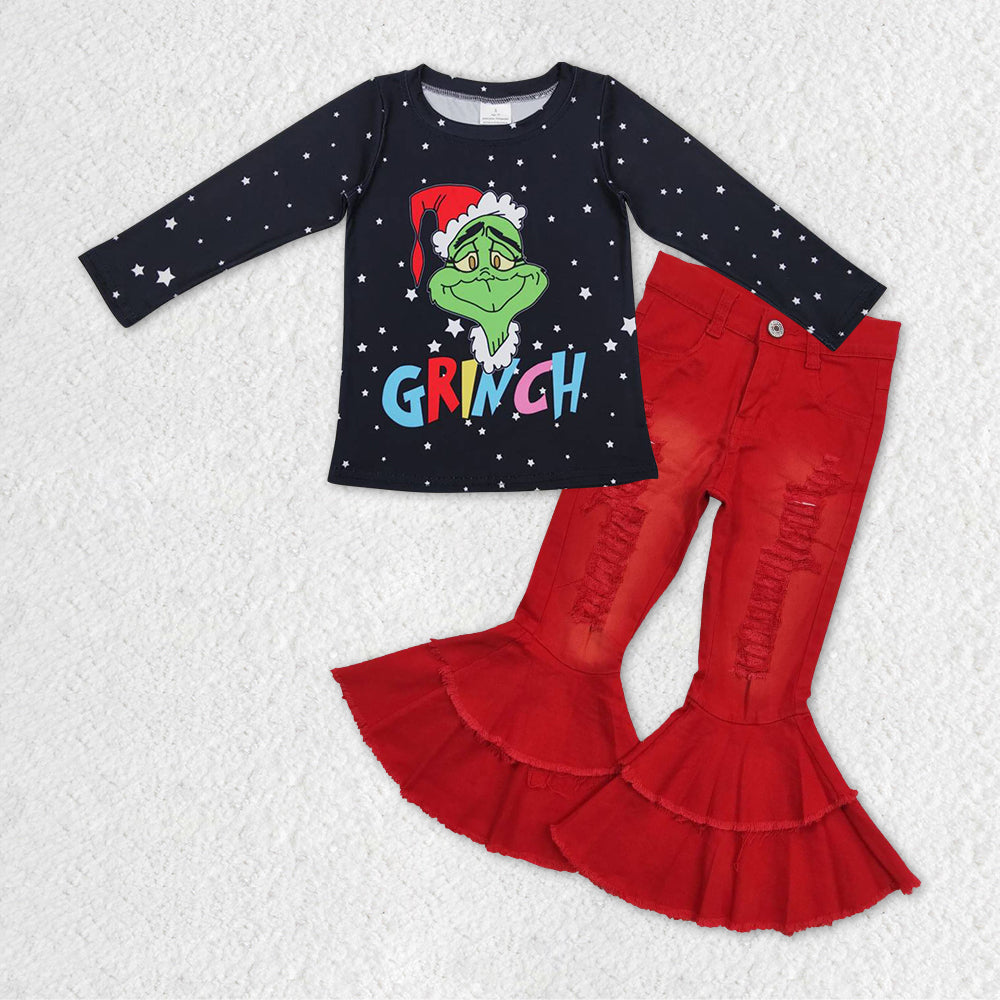 Baby Girls Colorful Frog Shirts Red Distressed Denim Flare Pants Clothes Sets