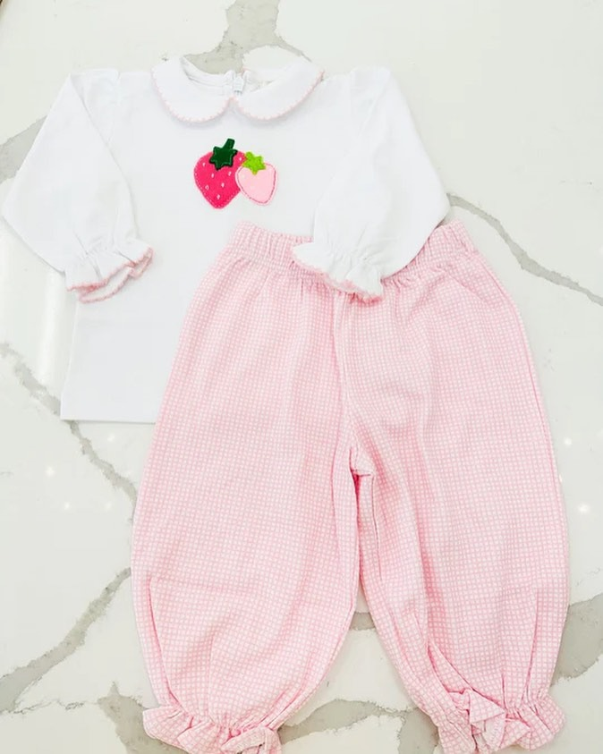 Baby Girls Strawberry White Long Sleeve Shirts Pink Checkered Pants Clothes Sets preorder