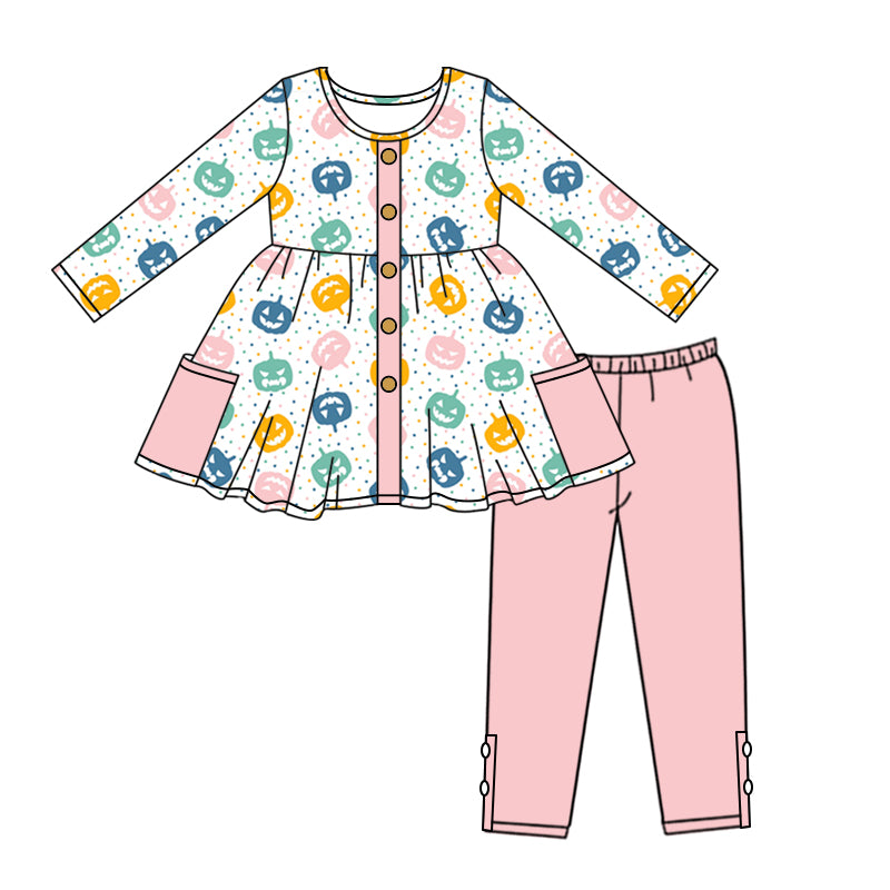 Baby Girls Halloween Pumpkin Pocket Tunic Tops Pants Clothes Sets Preorder