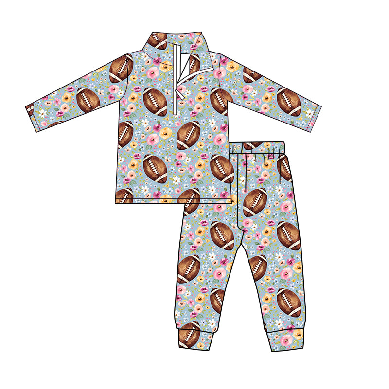 Baby Boys Football Flowers Zip Shirt Tops Pants Clothes Sets Preorder