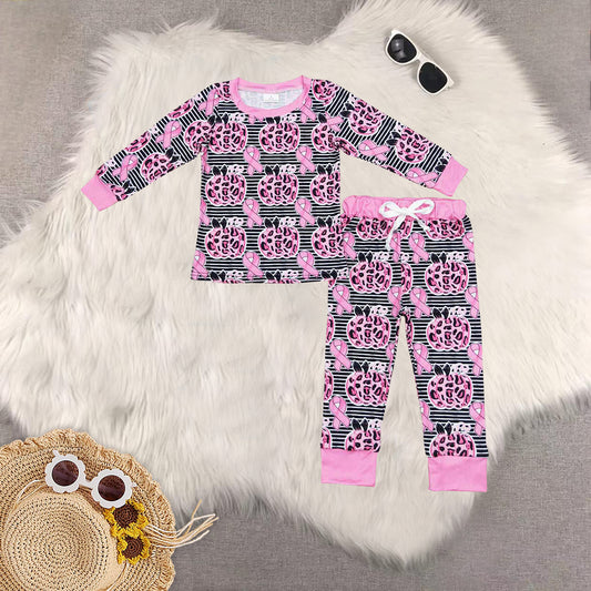 Sibling Baby Girls Pink Leopard Pumpkin Shirt Bell Bottom Pants Pajamas Clothes Sets