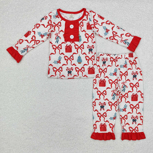 Sibling Baby Girls Christmas Candy Cane Holly Checked Ruffle Pant Pajamas Sets Knee Length Dress