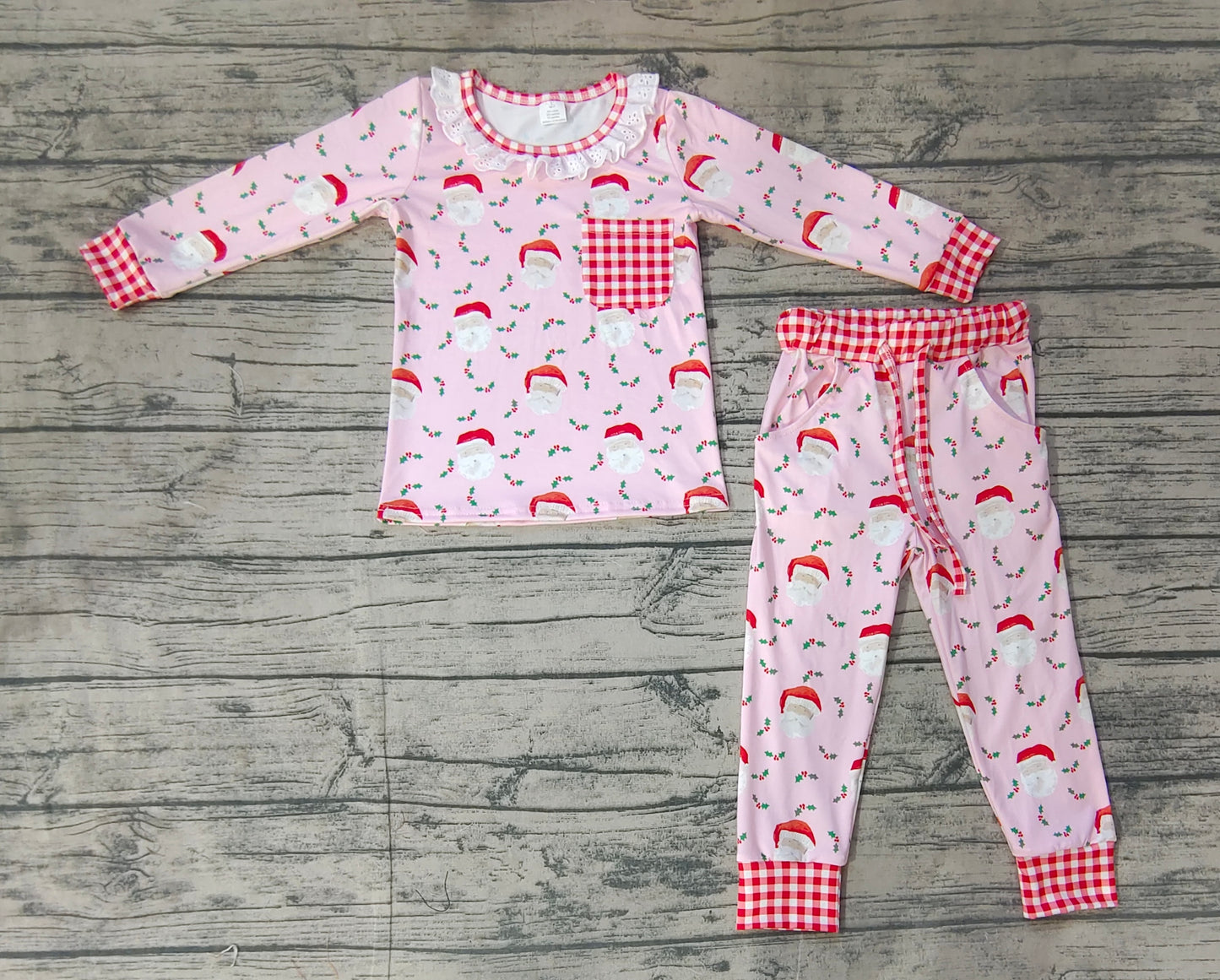 Baby Girls Pink Sants Christmas Bamboo Pajamas Clothes Sets