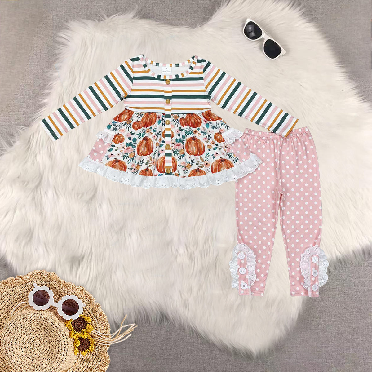 Sibling Baby Girls Fall Long Sleeves Pumpkins Pocket Tunic Pants Clothes Sets