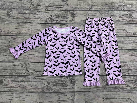 Baby Girls Halloween Lavender Bats Top Pants Bamboo Pajamas Clothes Sets