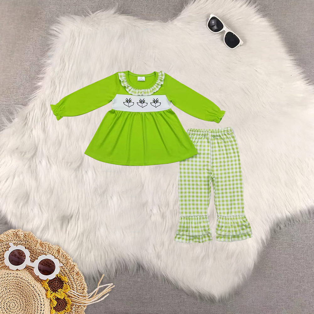 Sibling Baby Girls Christmas Green Face Tunic Ruffle Pants Outfits Sets