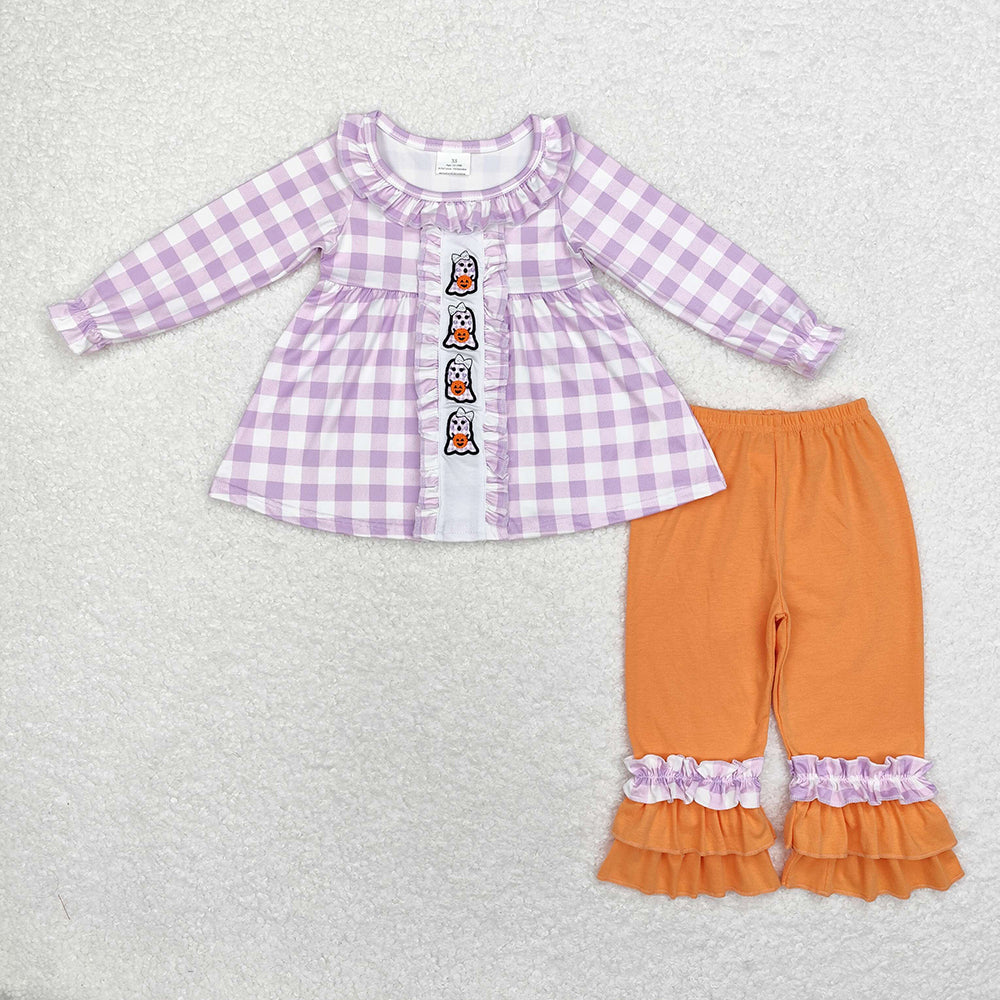 Baby Girls Lavender Checkered Ghost Tunic Ruffle Pants Clothes Sets