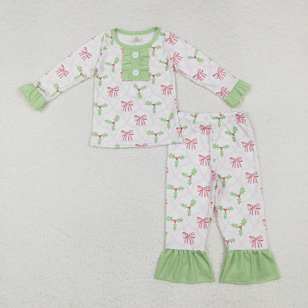 Baby Girls Christmas Bows Holly Bamboo Pajamas Clothes Sets