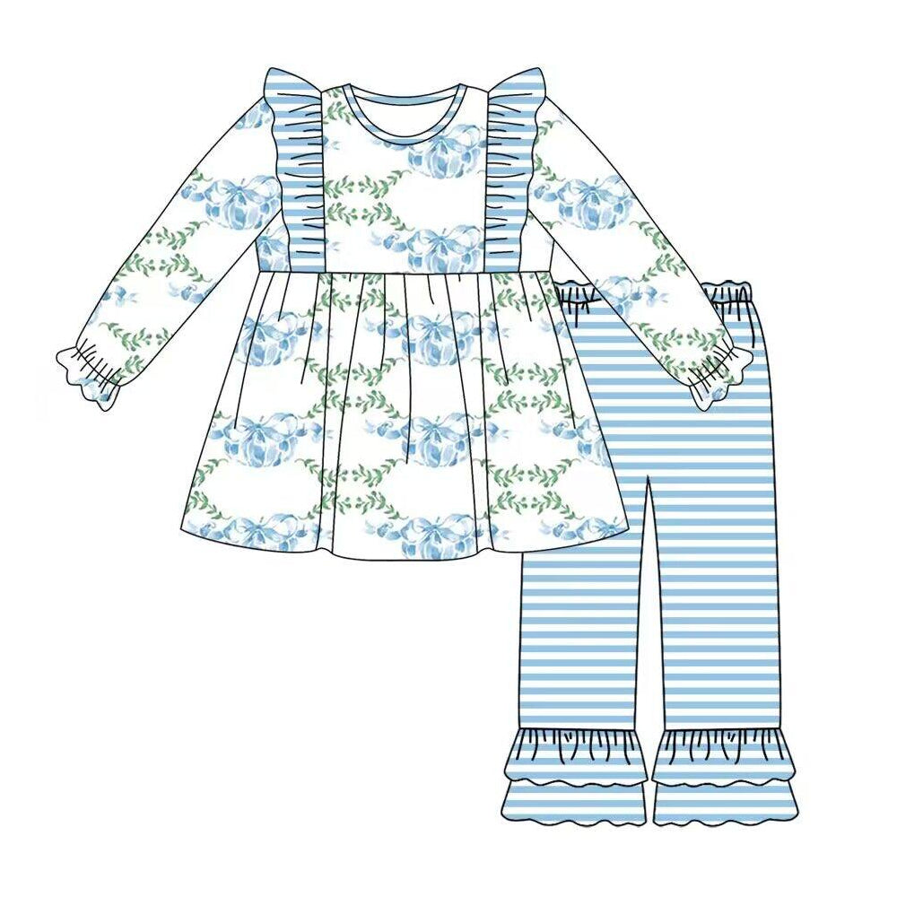 Baby Girls Pumpkins Bows Tunic Top Stripes Pants Fall Clothes Sets