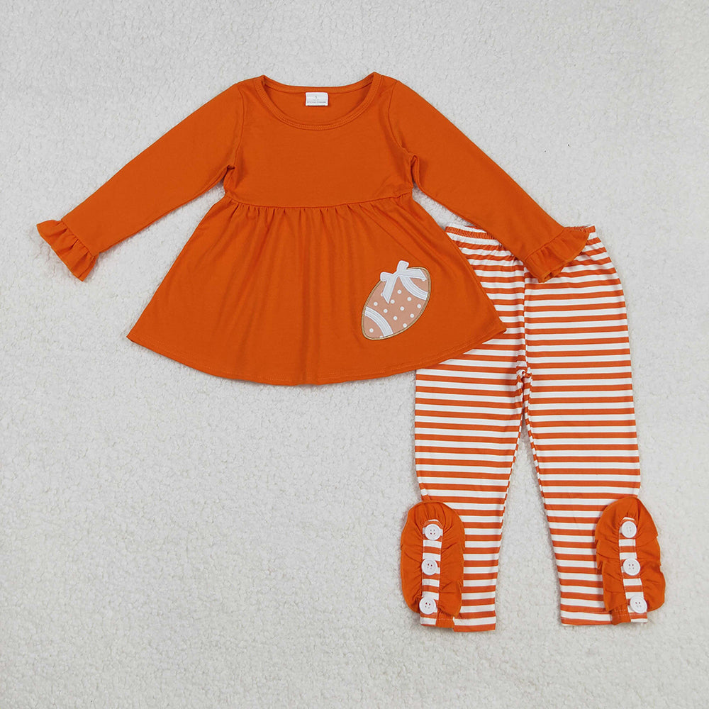 Embroidery Baby Girls Orange Football Team Tunic Stripes Legging Clothes Sets