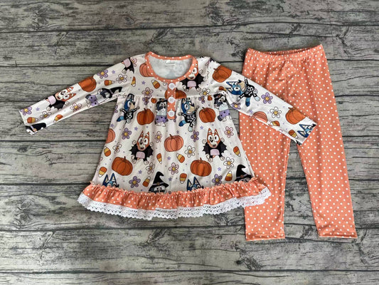 Baby Girls Halloween Dog Pumpkin Flowers Tunic Legging Clothes Sets