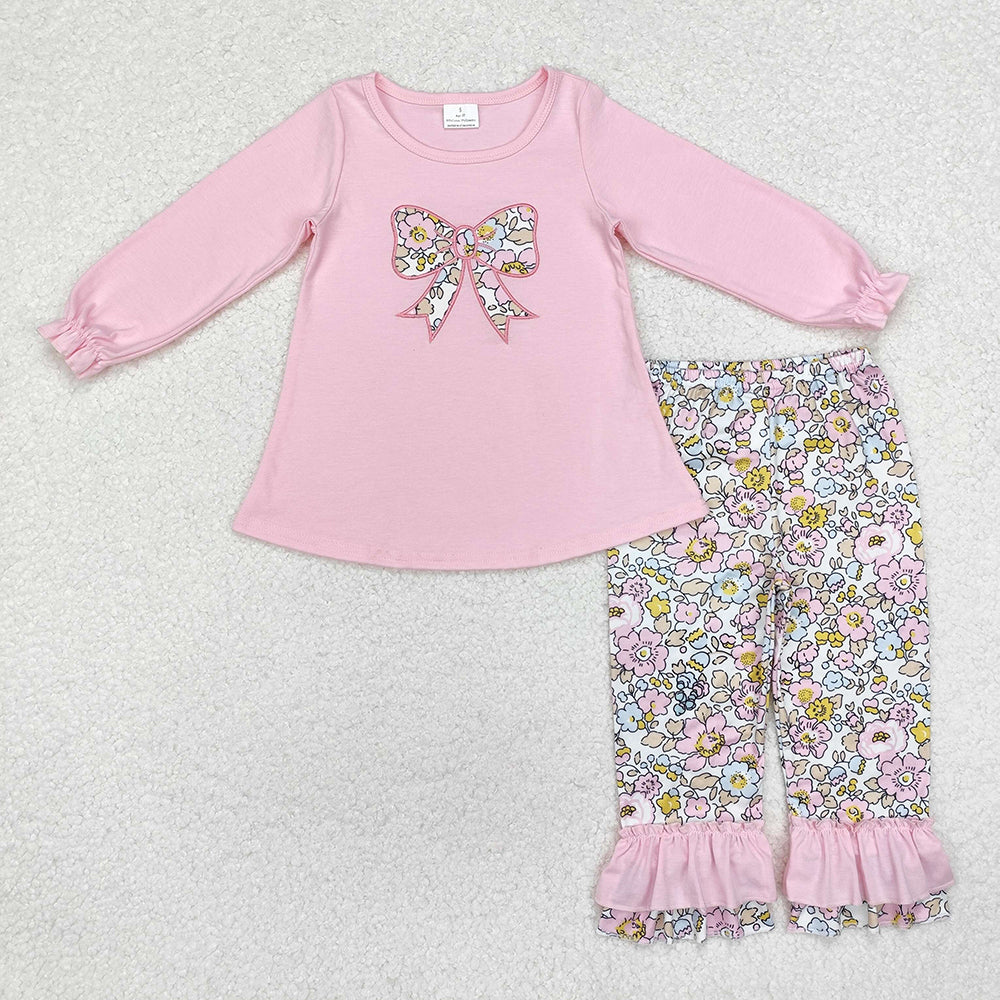 Embroidery Flowers Bow Baby Girls Pink Tunic Ruffle Pants Clothes Sets