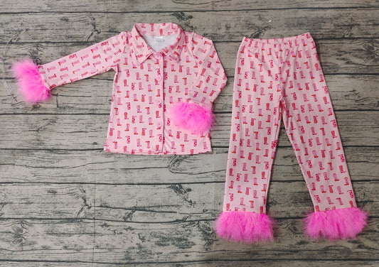 Baby Girls Western Pink Boots Fur Top Pants Pajamas Clothes Sets