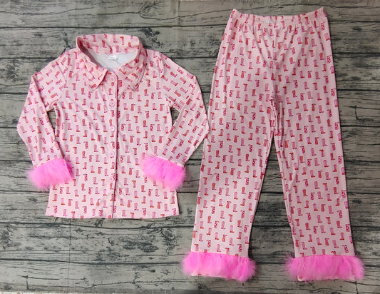 Adult Women Western Pink Boots Fur Tops Pants Pajamas