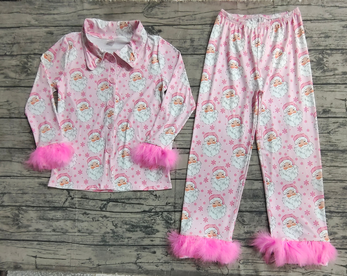 Adult Women Christmas Pink Santa Fur Tops Pants Pajamas