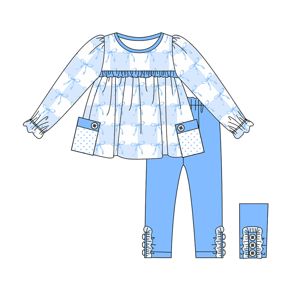 Preorder moq 5 Baby Girls Blue Bows Plaid Tunic Leggings Clothes Sets