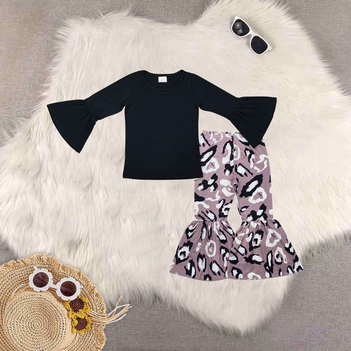 Sibling Baby Girls Black Long Sleeves Shirts Top Bell Bottom Pant Fall Clothes sets