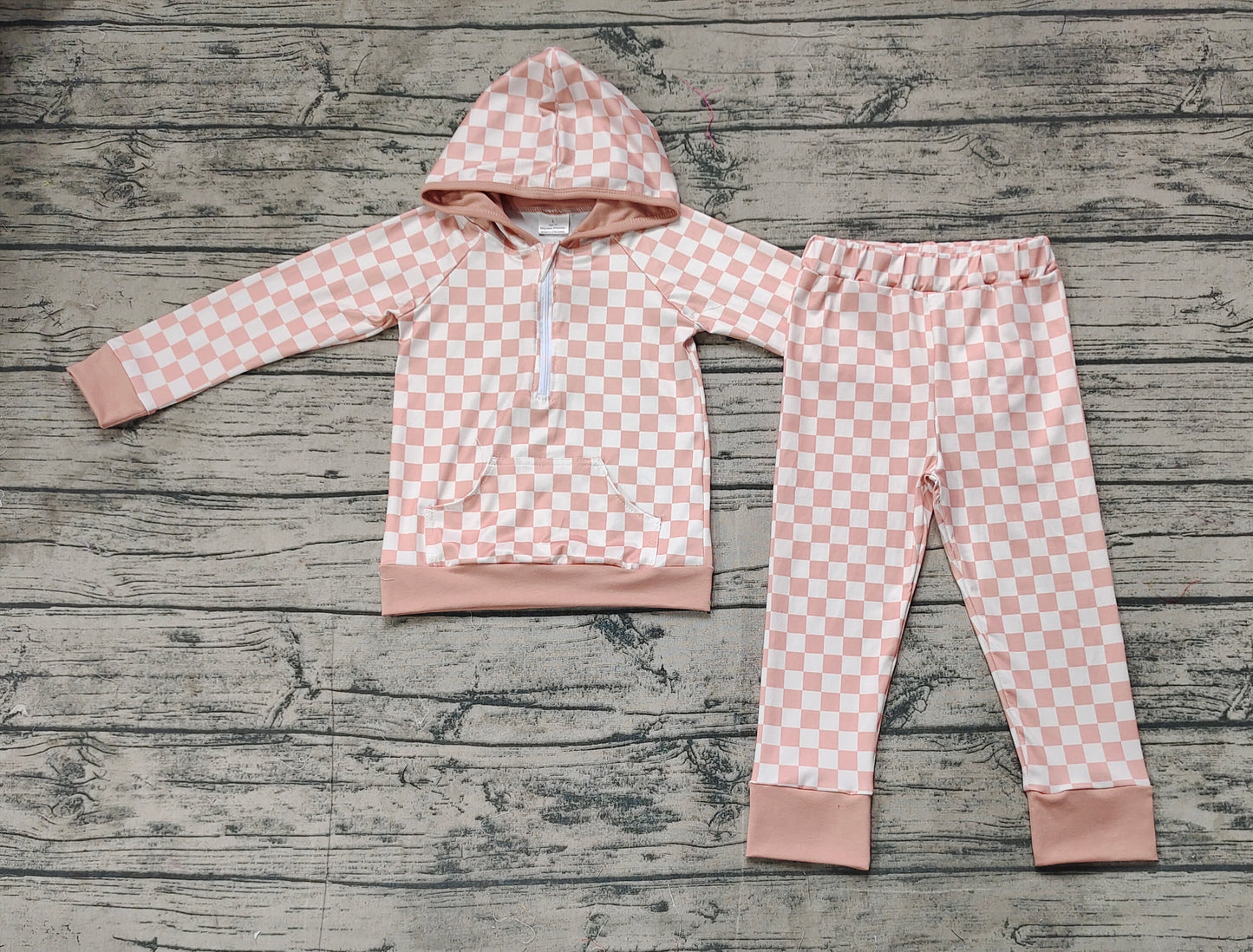 Baby Girls Pink Checkered Zip Hooded Top Pants Clothes Sets