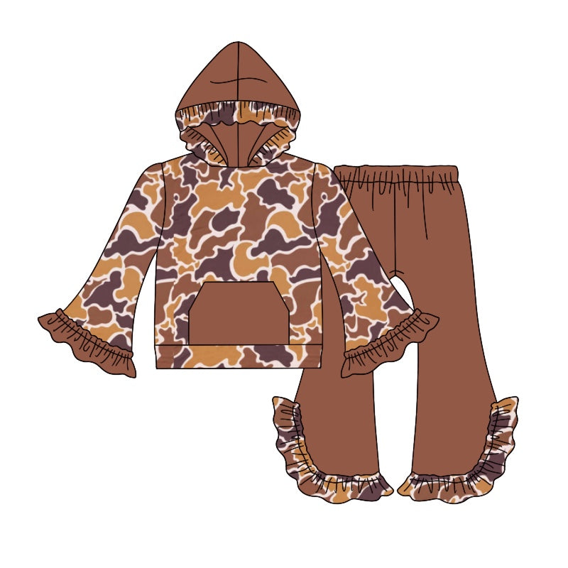 Baby Girls Brown Camo Hoodes Top Bell Bottom Pants Clothes Sets Preorder