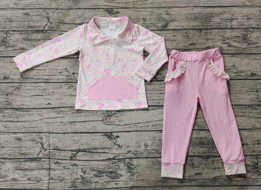 Baby Girls Spring Flowers Pocket Zip Pullovers Legging Clothes Sets
