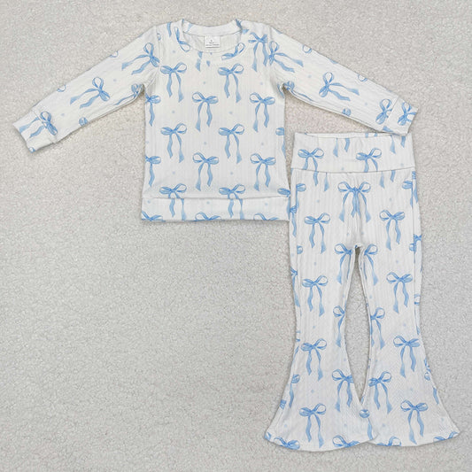 Sibling Baby Girls Blue Bows Cable Print Rompers Pajamas Suits