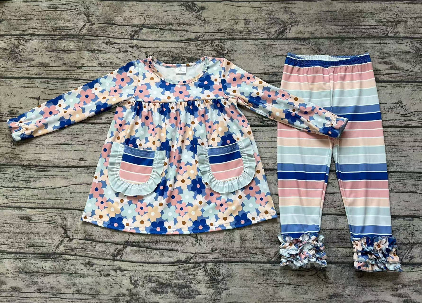Baby Girls Blue Flowers Pockets Tunic Top Legging Clothes Sets
