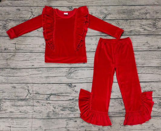 Baby Girls Red Ruffles Tee Shirts Top Velvet Bell Pants Clothes Sets