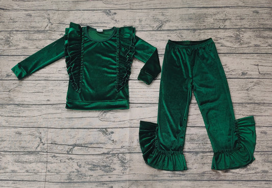 Baby Girls Green Ruffles Tee Shirts Top Velvet Bell Pants Clothes Sets