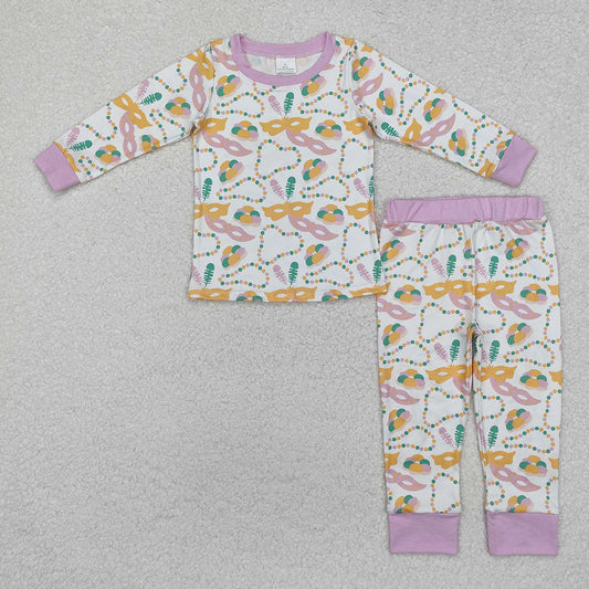 Sibling Baby Girls Mardi Gras Masks Lavender Rompers Pajamas