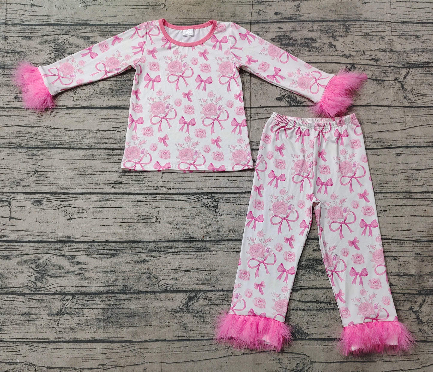 Baby Girls Valentines Pink Bows Fur Shirt Pants Pajamas Clothes Sets