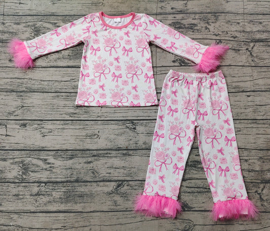 Baby Girls Valentines Pink Bows Fur Shirt Pants Pajamas Clothes Sets