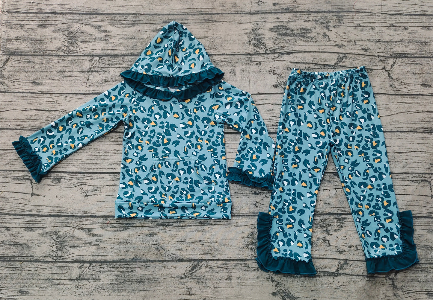 Baby Girls Green Leopard Hooded Top Flare Pants Clothes Sets