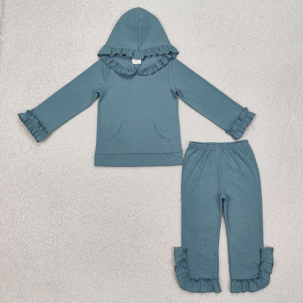 Baby Girls Blue Ruffle Hooded Top Pants Clothes Sets