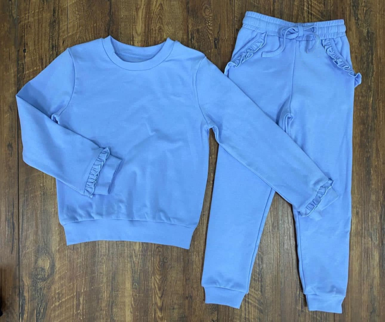 Preorder moq 5 Baby Girls Blue Top Ruffle Pockets Jogger Pants Clothes Sets
