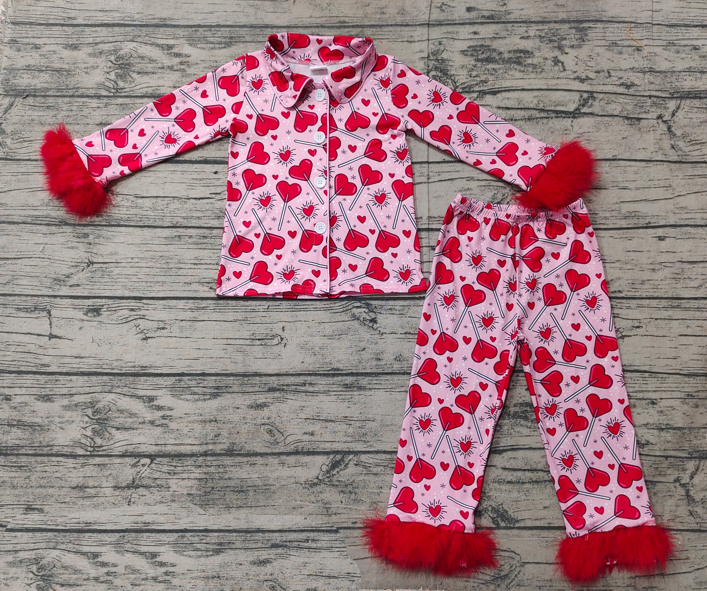 Baby Girls Valentines Candy Fur Button Ups Top Pants Pajamas Clothes Sets