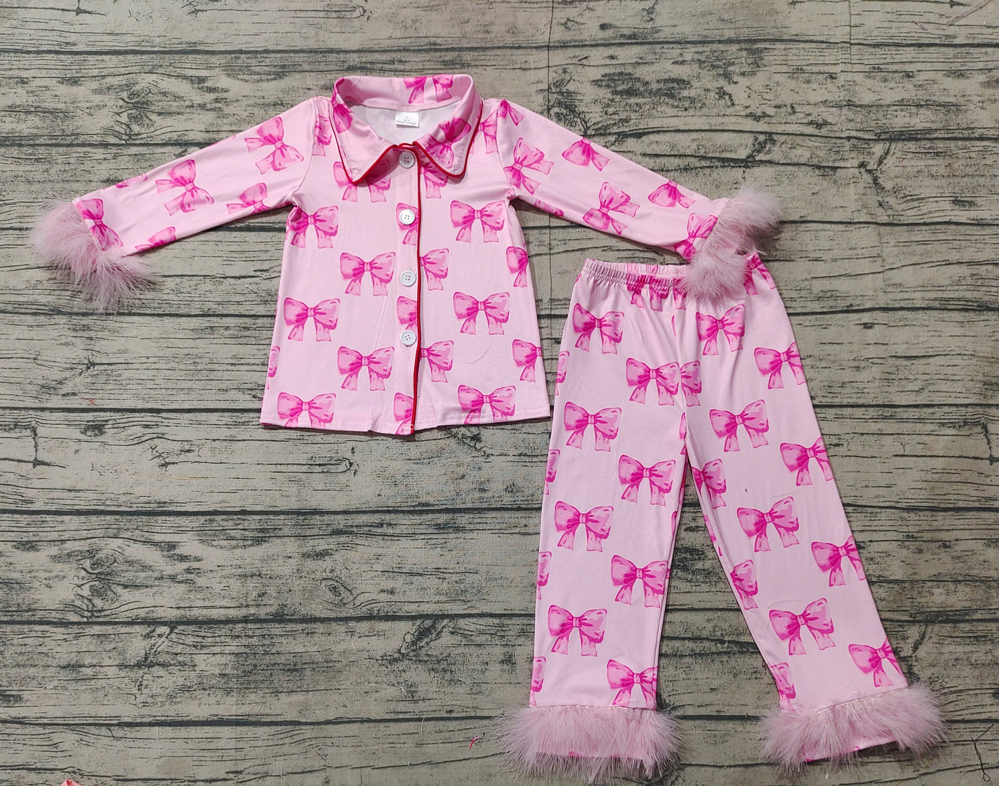 Baby Girls Pink Bows Fur Buttons Shirt Pants Pajamas Clothes Sets
