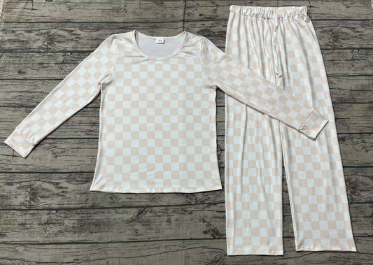 Adult Women Pink Checkered Long Sleeve Tops Pants Pajamas Outfits