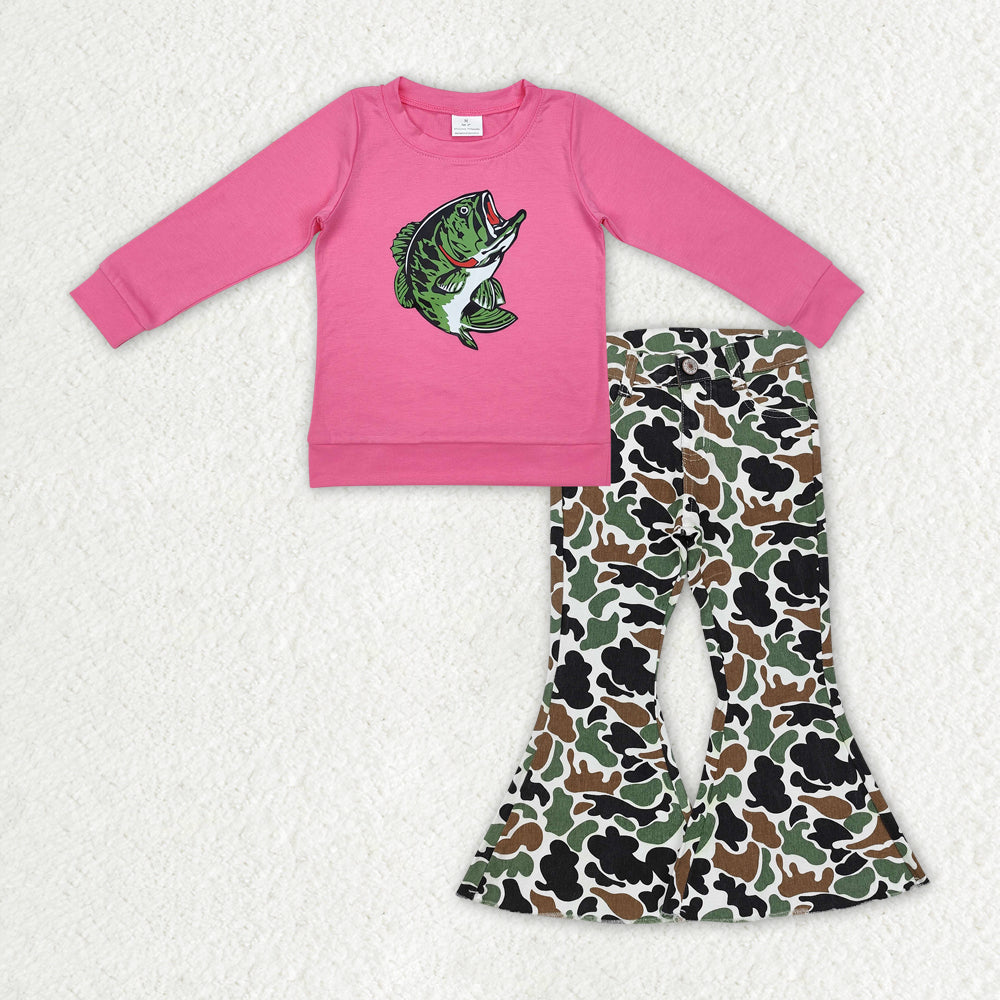 Baby Girls Fishing Pink Tee Camouflage Bell Denim Pants Clothes Sets
