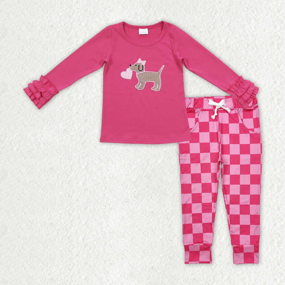 Baby Girls Valentines Dog Heart Top Checkered Pants Clothes Sets