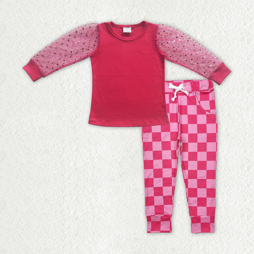 Baby Girls Valentines Dark Pink Top Checkered Pants Clothes Sets