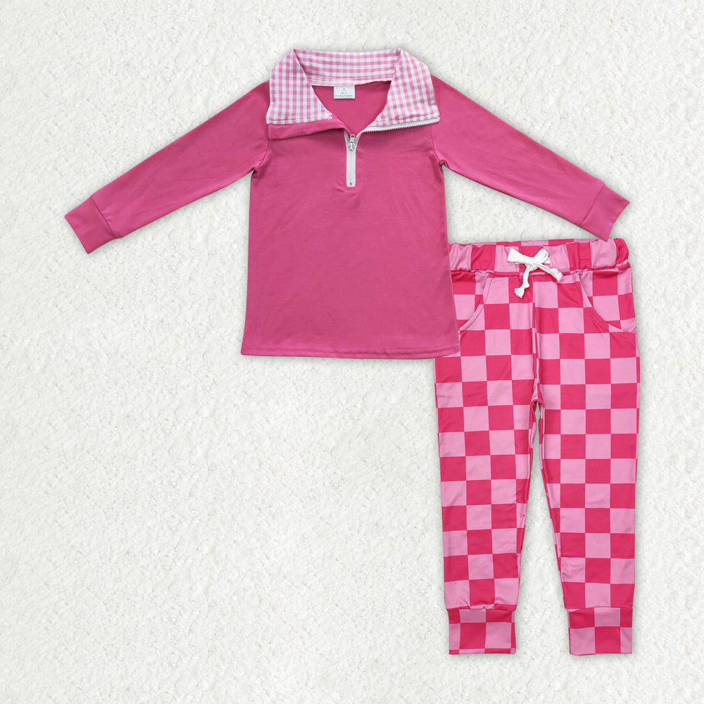 Baby Girls Pink Pullovers Top Checkered Pants Clothes Sets