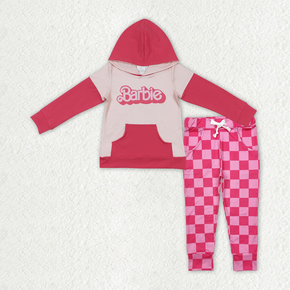 Baby Girls Pink Doll Hooded Top Checkered Pants Clothes Sets